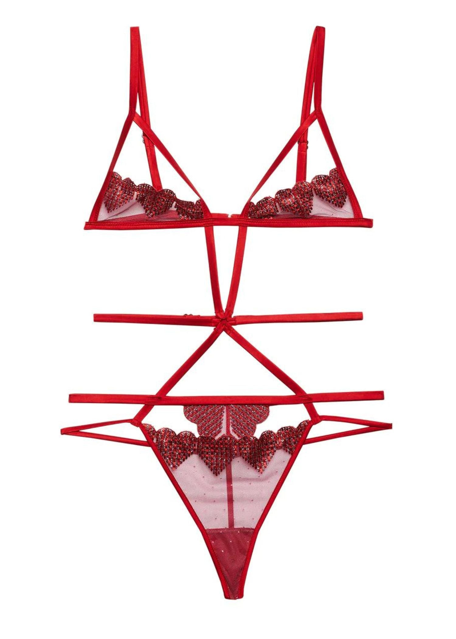 Fleur Du Mal Heart Embroidery Ouvert Bodysuit (Rouge) | Avec Amour Sexy Lingerie