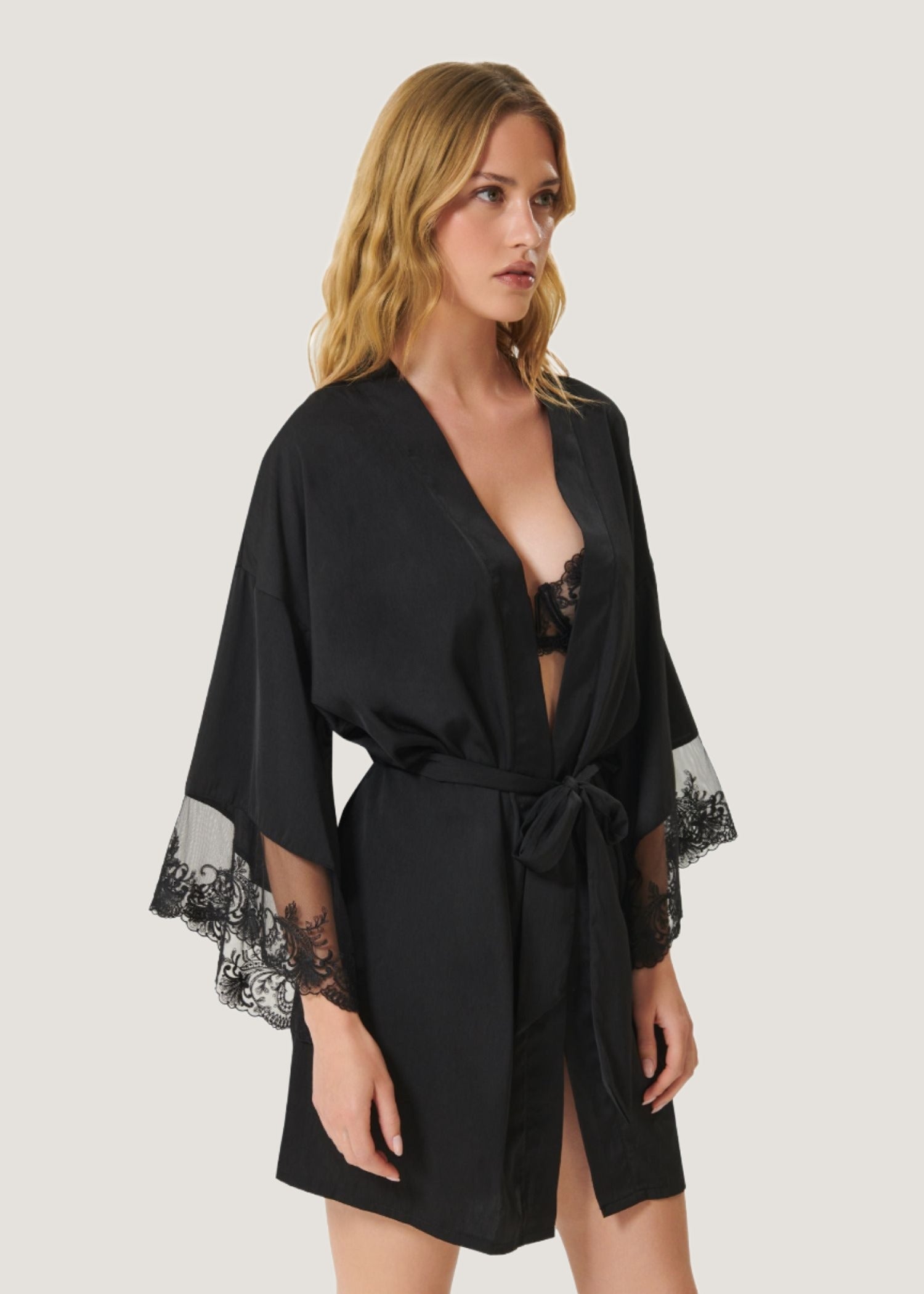 Marseielle Luxury Satin Kimono (Black) | Avec Amour Lingerie