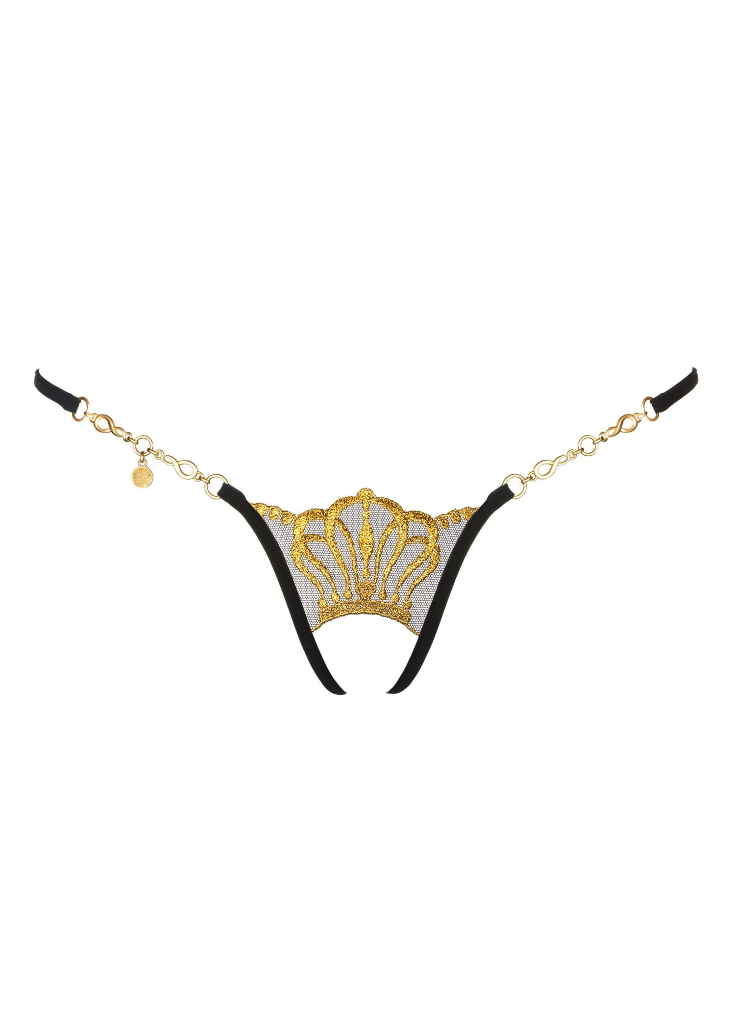 Lucky Cheeks Queen of Love (Black/Gold) Crotchless G-String - Ouvert Open Thong | Avec Amour Luxury Sexy Lingerie