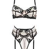 Unleash/ed Andrea Underwired Bra, Thong & Suspender Lingerie Set (Black / Nude) | Avec Amour Sexy Lingerie