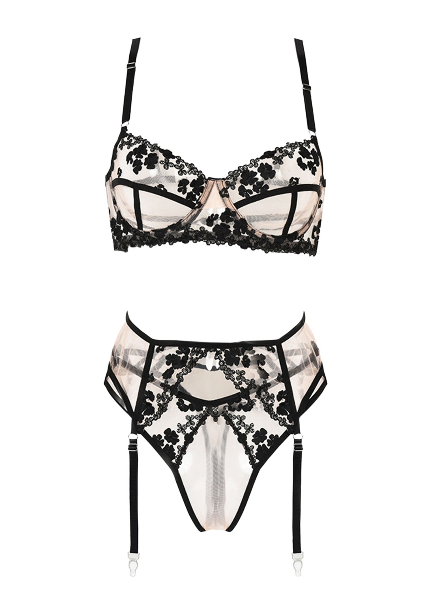 Unleash/ed Andrea Underwired Bra, Thong & Suspender Lingerie Set (Black / Nude) | Avec Amour Sexy Lingerie