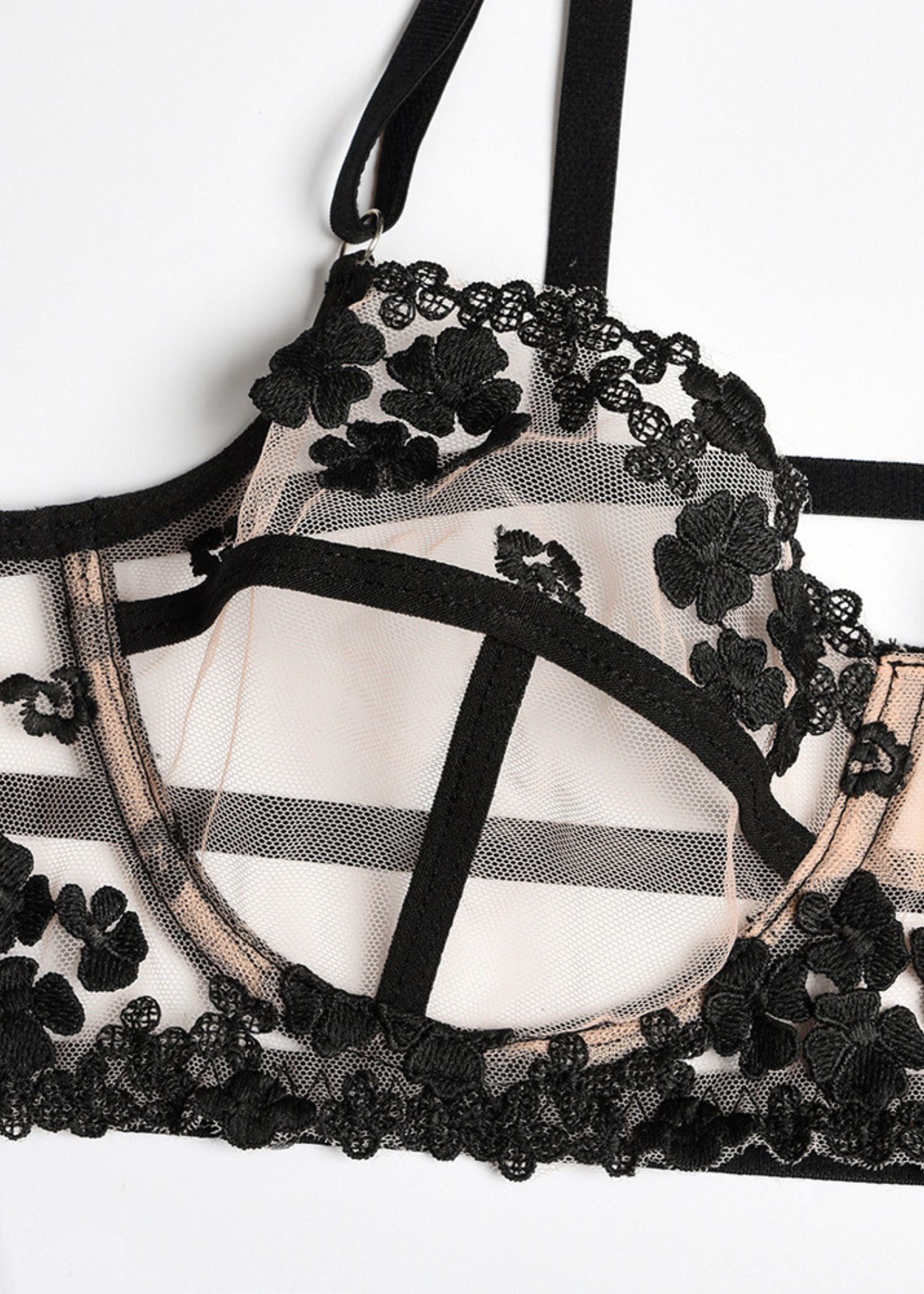 Unleash/ed Andrea Underwired Bra, Thong & Suspender Lingerie Set (Black / Nude) | Avec Amour Sexy Lingerie