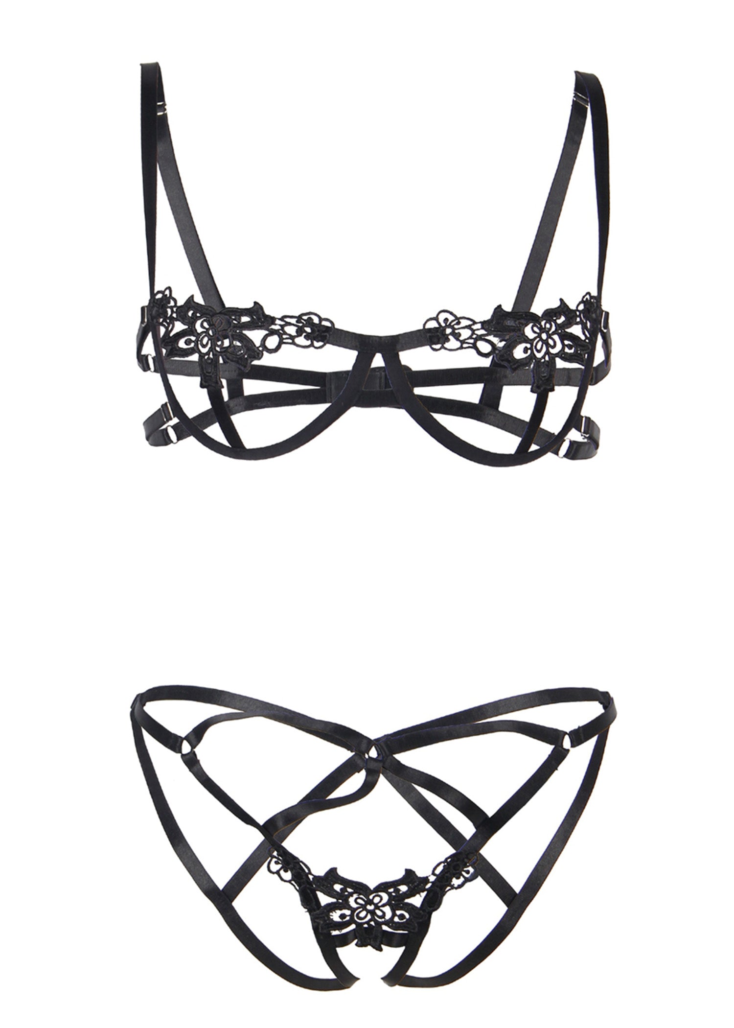 Unleash/ed Brenda Black Open Cupless Bra & Open Thong - Lingerie Set | Avec Amour Lingerie
