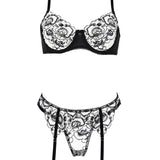 Unleash/ed Dawn Underwired Bra, Thong & Suspender Lingerie Set (Black / Nude) | Avec Amour Sexy Lingerie