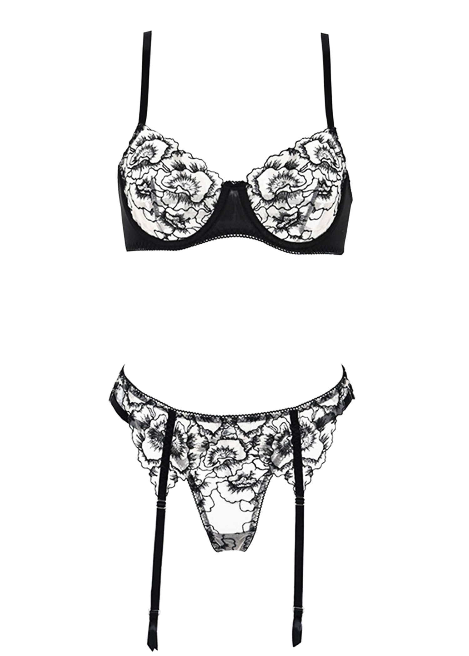 Unleash/ed Dawn Underwired Bra, Thong & Suspender Lingerie Set (Black / Nude) | Avec Amour Sexy Lingerie