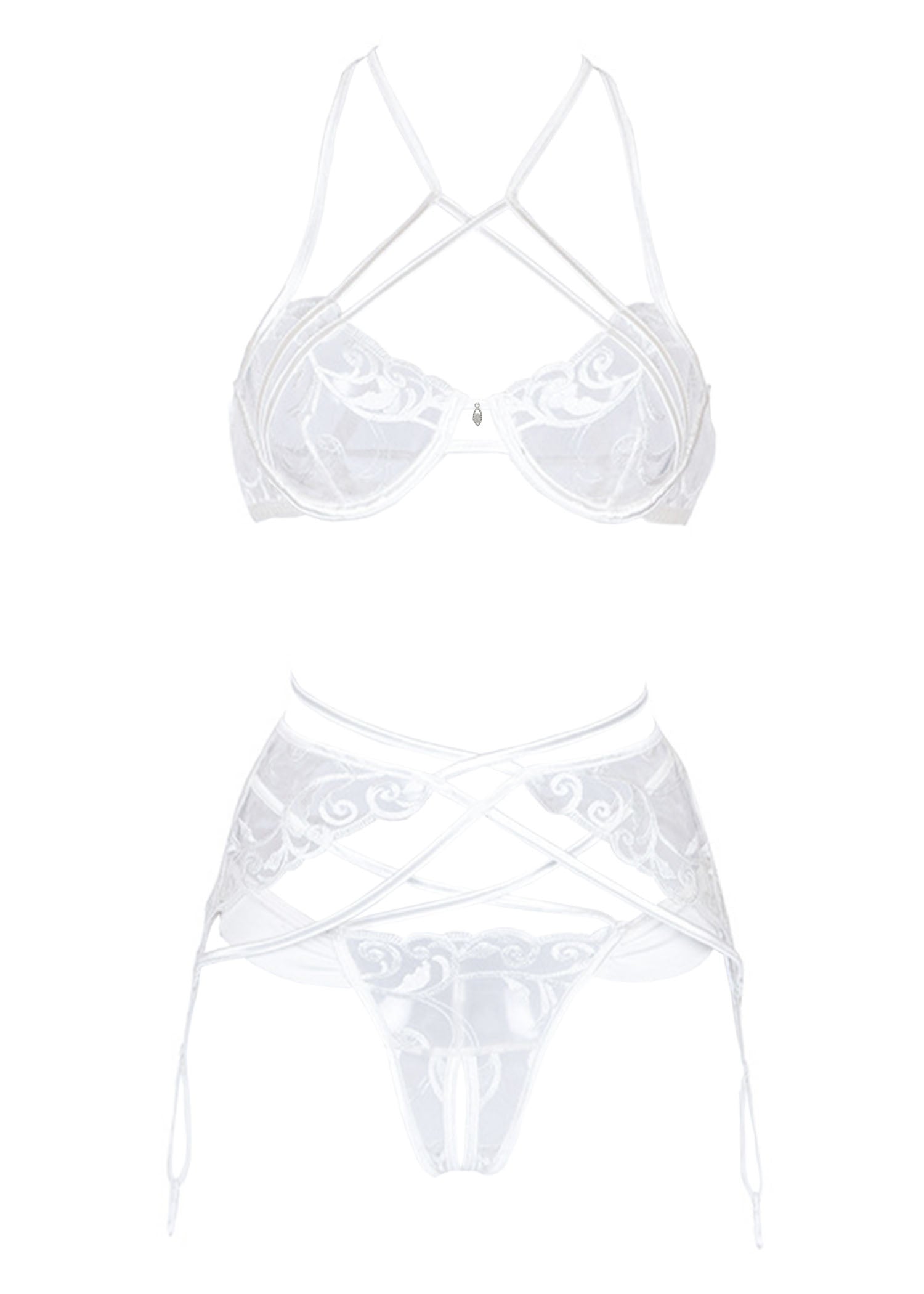 Unleash/ed Elvira Criss-Cross White Lace Underwired Bra, Thong & Suspender - Rhinestone Jewelry | Avec Amour Sexy Lingerie