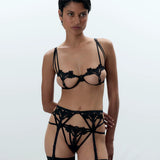 Bluebella Nova Open Cup Bra, Thong & Suspender (Black) | Avec Amour Luxury Lingerie