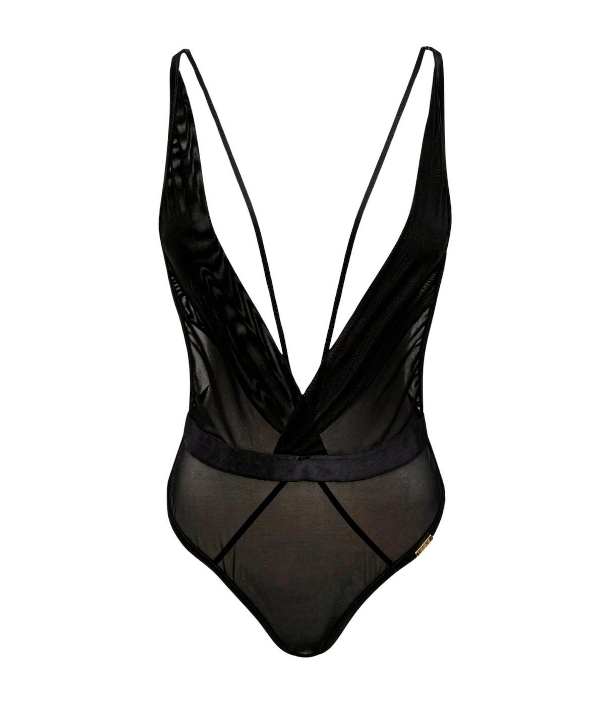 AVAM Deep V Backless Bodysuit black — front view sheer mesh
