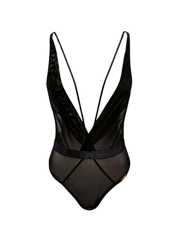 AVAM Deep V Backless Bodysuit black — front view sheer mesh
