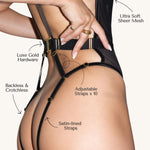 AVAM Deep V Bodysuit — gold butterfly clasp back detail