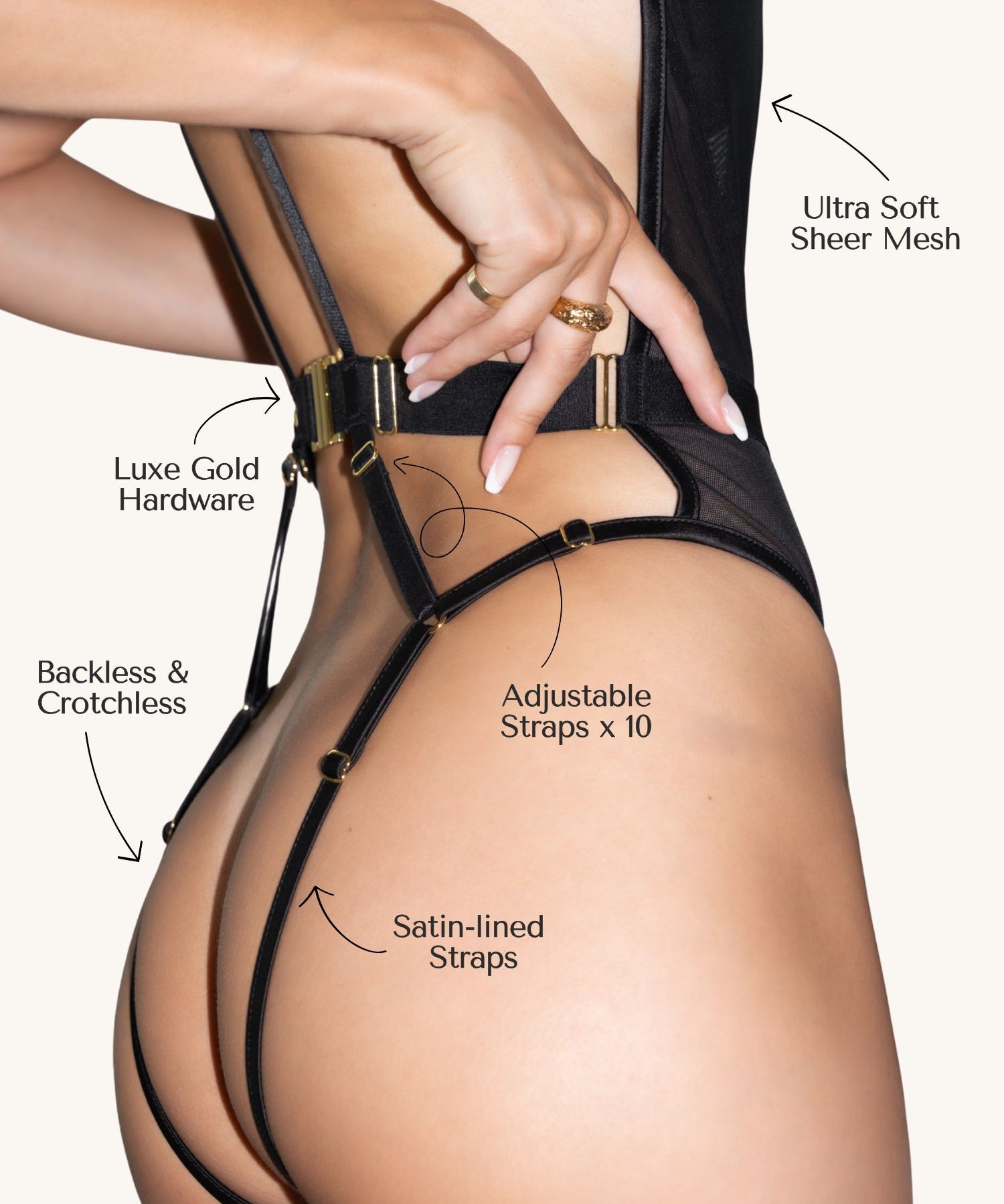 AVAM Deep V Bodysuit — gold butterfly clasp back detail