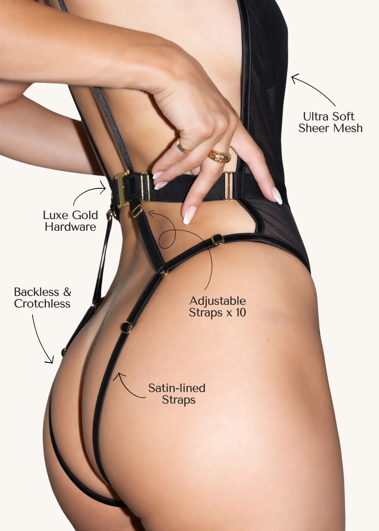 AVAM Deep V Bodysuit — gold butterfly clasp back detail