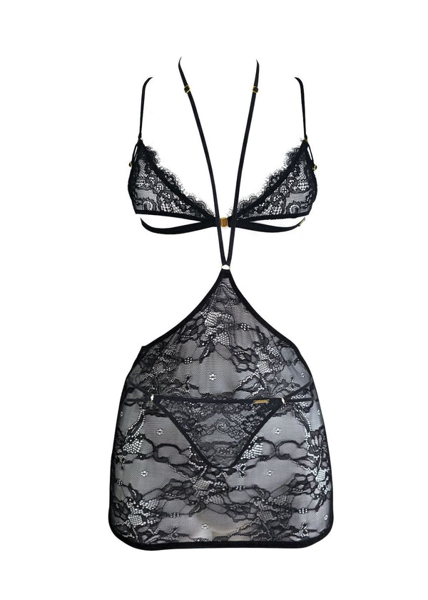 Magnetism Lace Triangle Bra, Panty & Harness Skirt Set (Black)