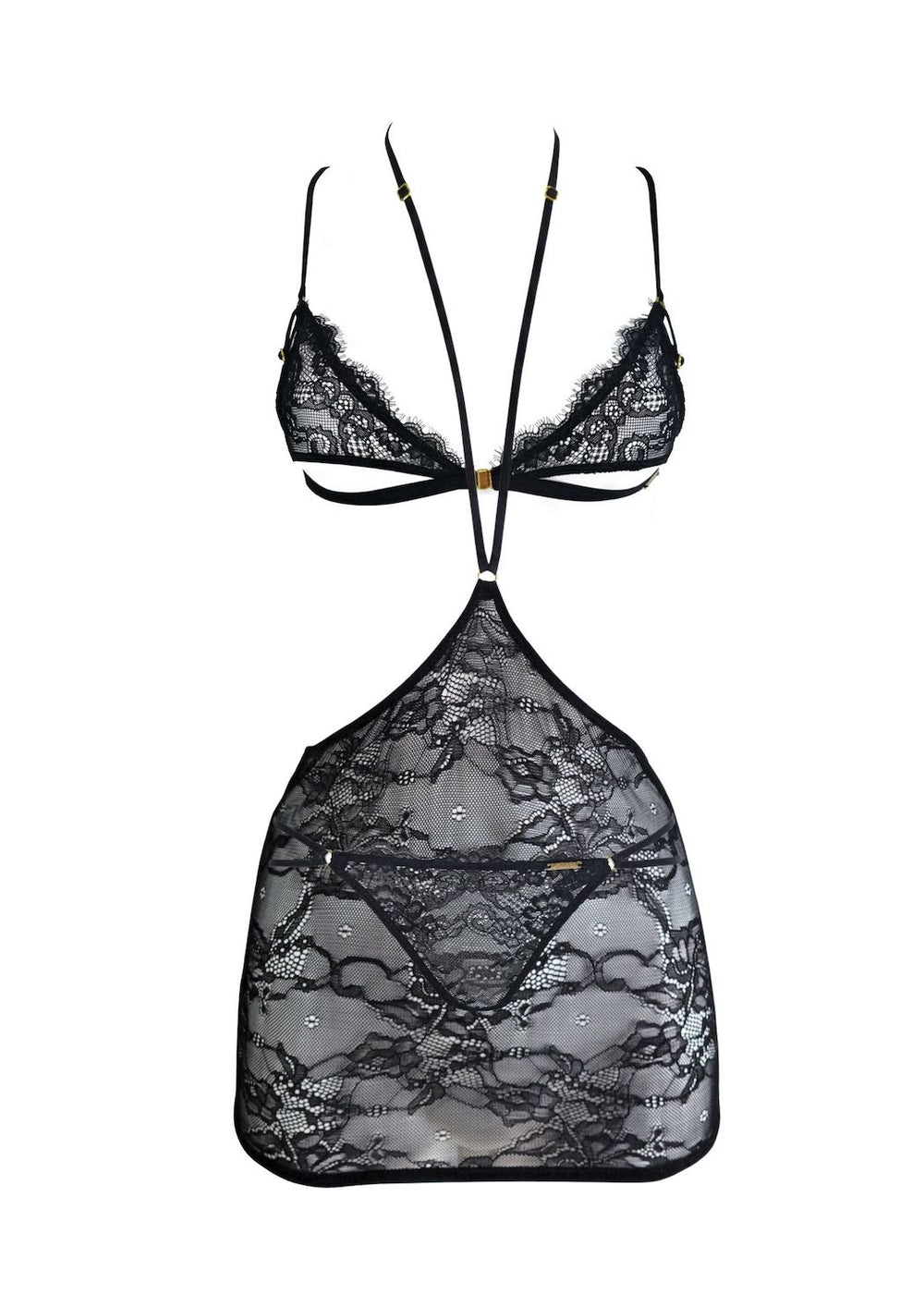 Magnetism Lace Triangle Bra, Panty & Harness Skirt Set (Black)
