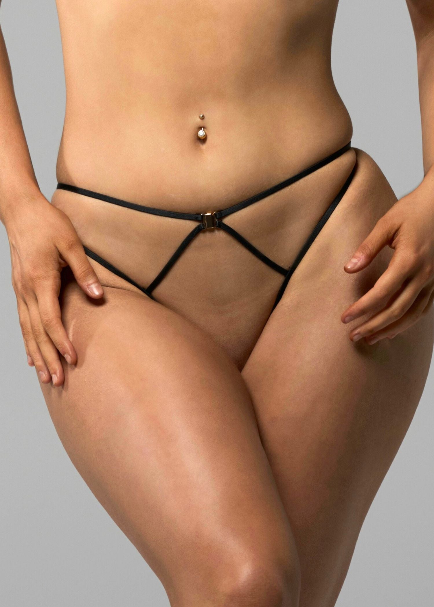 AVAM MAGNETISM Lace Open Panty Thong in Black with Gold tone Hardware