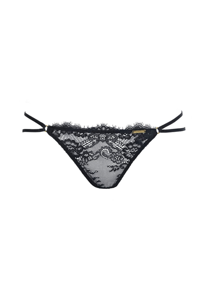 AVAM MAGNETISM Lace Open Panty Thong in Black with Gold tone Hardware