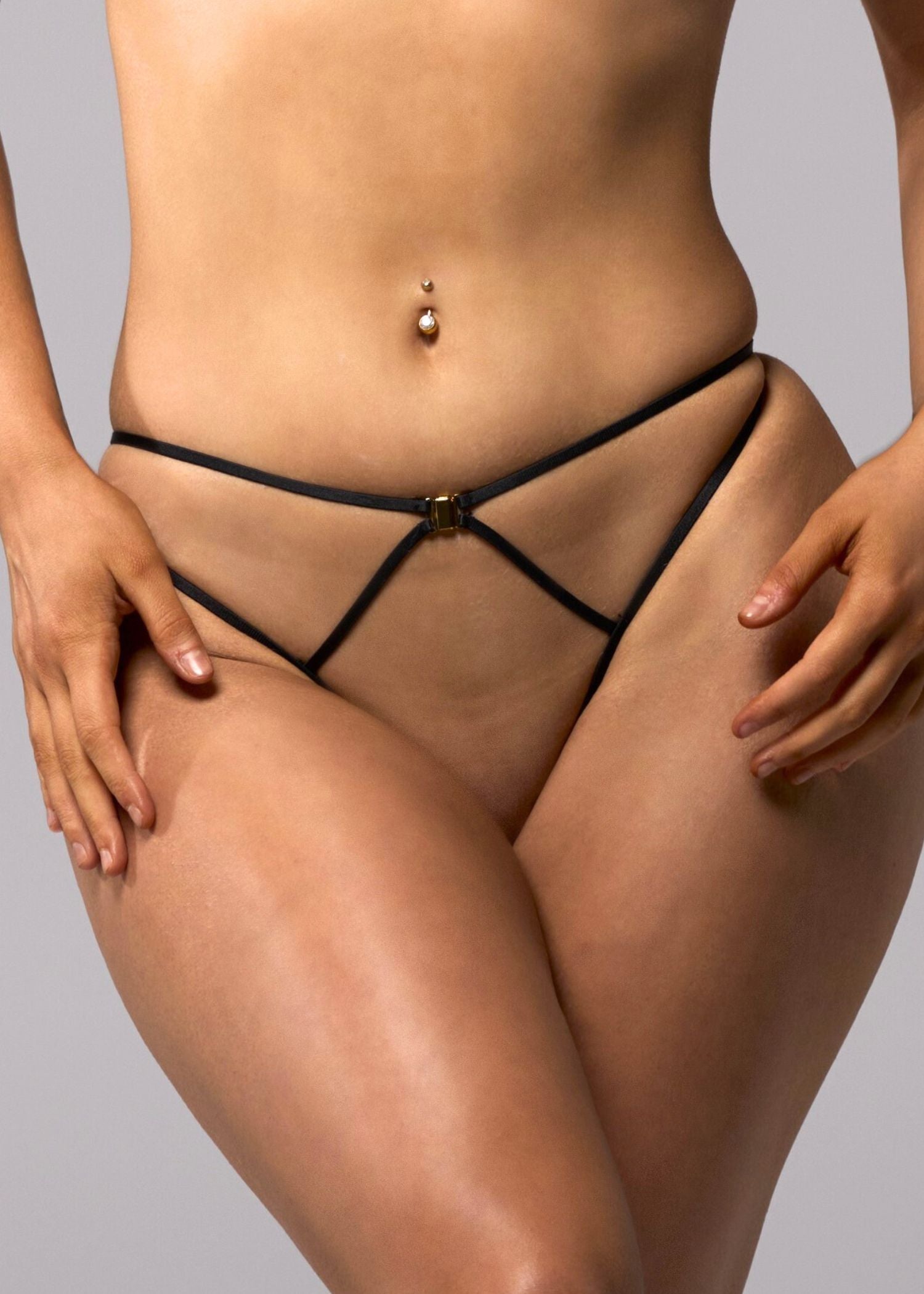 AVAM MAGNETISM Lace Open Panty Thong in Black with Gold tone Hardware