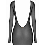 AVAM Sheer Crop Bra and Thong with Low Back Long Sleeve with Thumb Holes in Black — Soft See-Through Mesh — flat lay