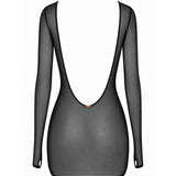 AVAM Sheer Crop Bra and Thong with Low Back Long Sleeve with Thumb Holes in Black — Soft See-Through Mesh — flat lay