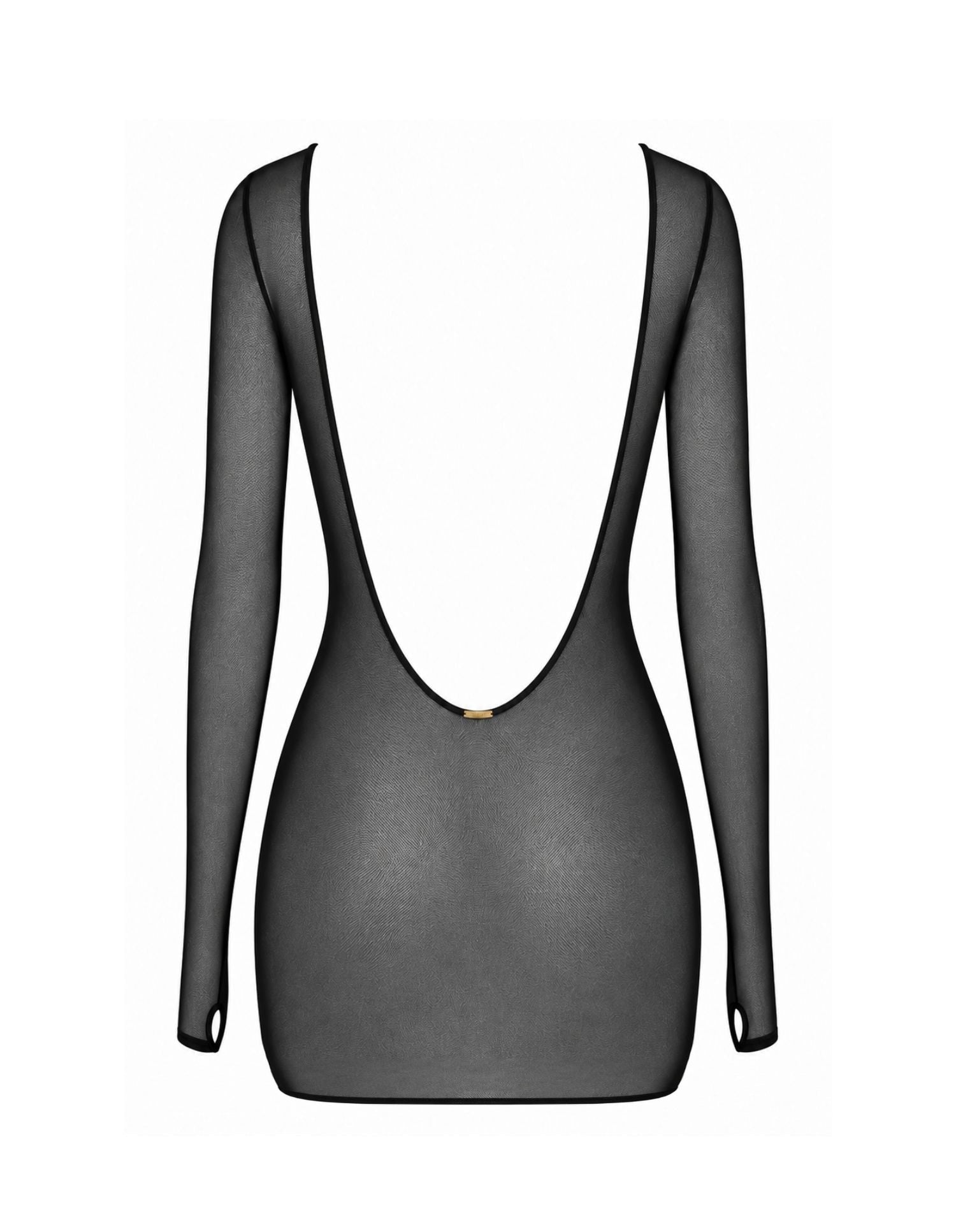 AVAM Sheer Crop Bra and Thong with Low Back Long Sleeve with Thumb Holes in Black — Soft See-Through Mesh — flat lay
