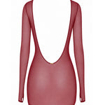 AVAM Sheer Crop Bra and Thong with Low Back Long Sleeve with Thumb Holes in Red — Soft See-Through Mesh — flat lay back