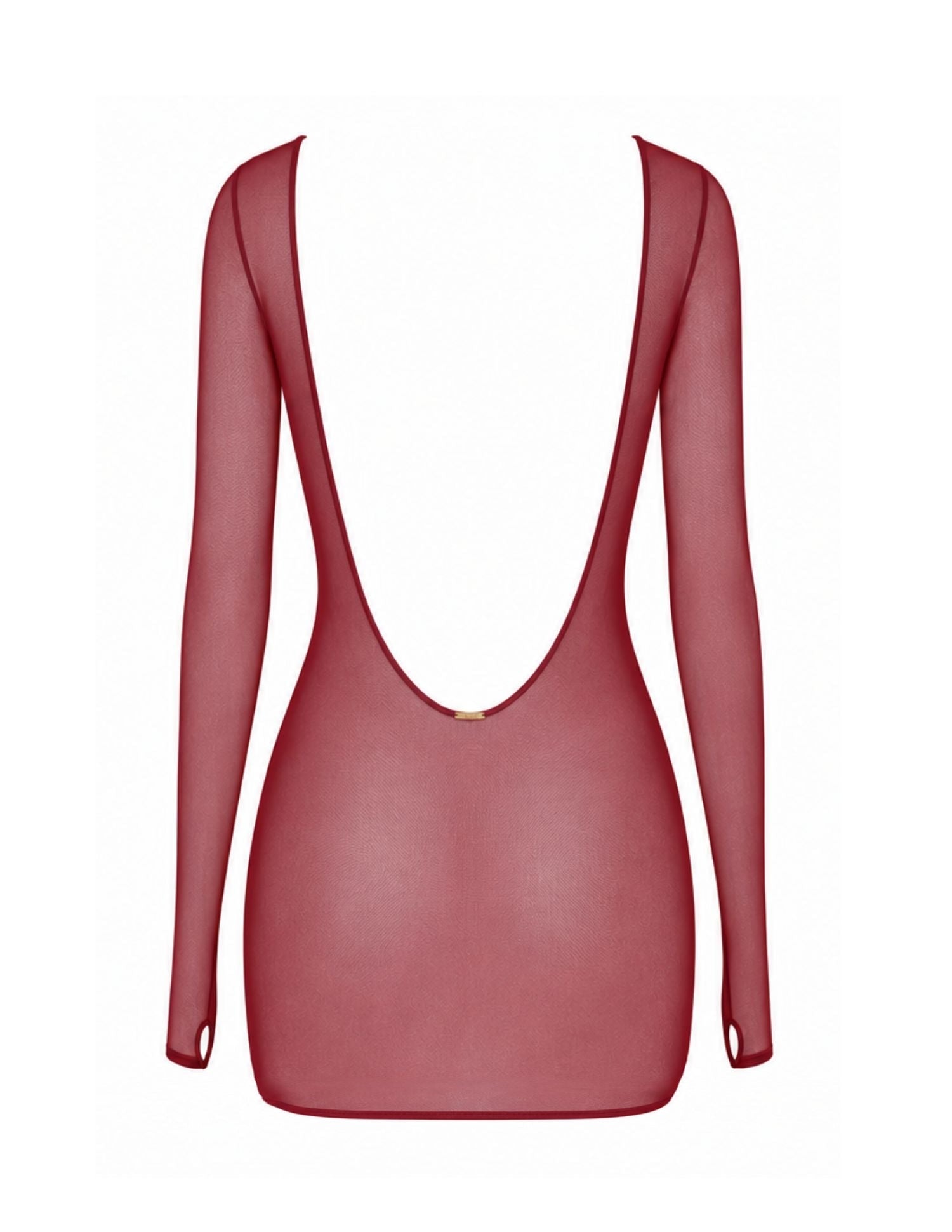 AVAM Sheer Crop Bra and Thong with Low Back Long Sleeve with Thumb Holes in Red — Soft See-Through Mesh — flat lay back