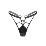 Baed Stories Magnetic Pulse Lunari Thong with Front cutout in Black — satin panels, straps, gold-tone hardware — flat lay