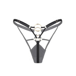 Baed Stories Magnetic Pulse Lunari Thong with Front cutout in Black — satin panels, straps, gold-tone hardware — flat lay