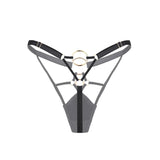 Baed Stories Magnetic Pulse Lunari Thong with Front cutout in Black — satin panels, straps, gold-tone hardware — flat lay