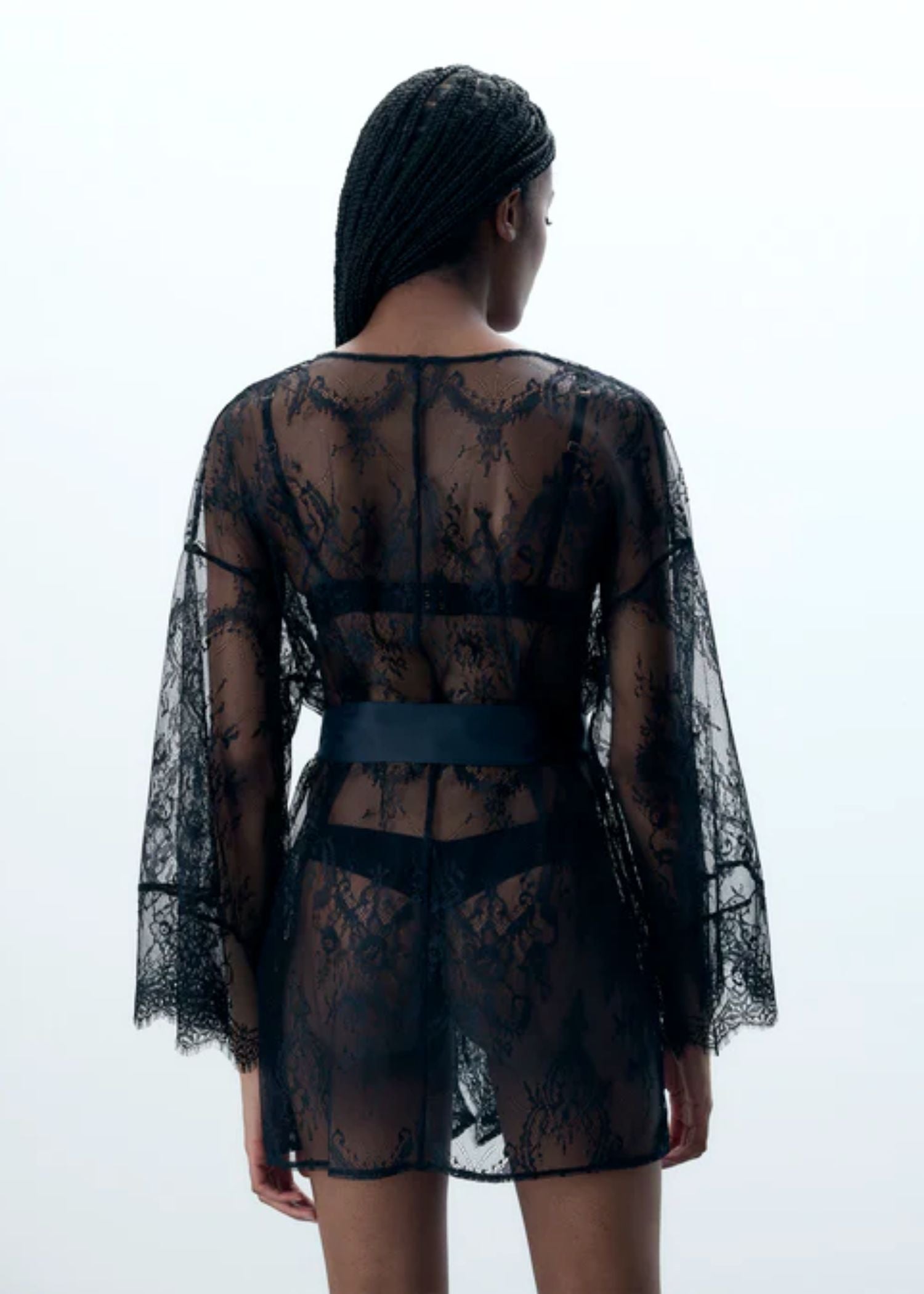 Bluebella Madeline Luxury Sheer Lace Kimono Robe Gown in Black