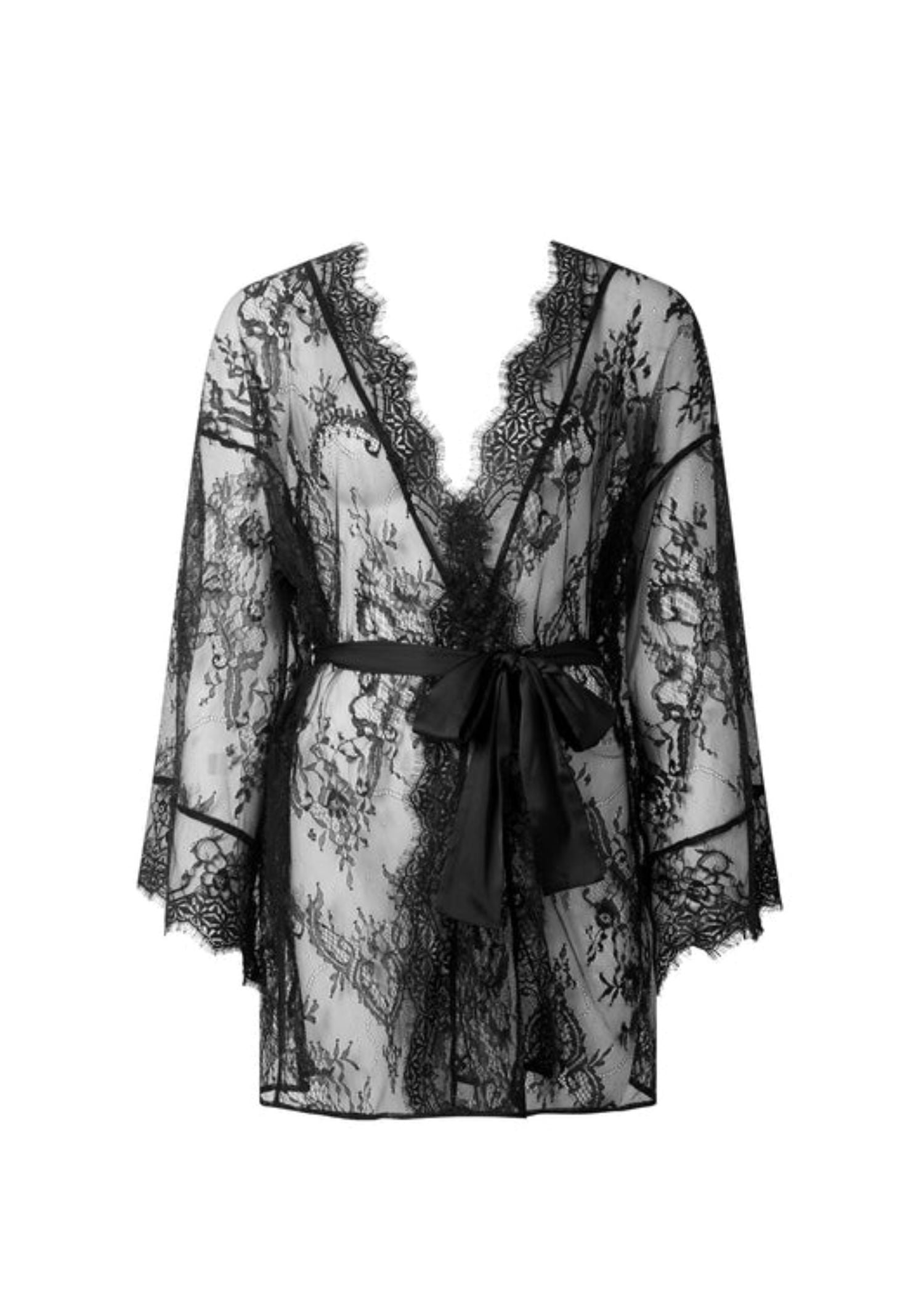 Bluebella Madeline Luxury Sheer Lace Kimono Robe Gown in Black