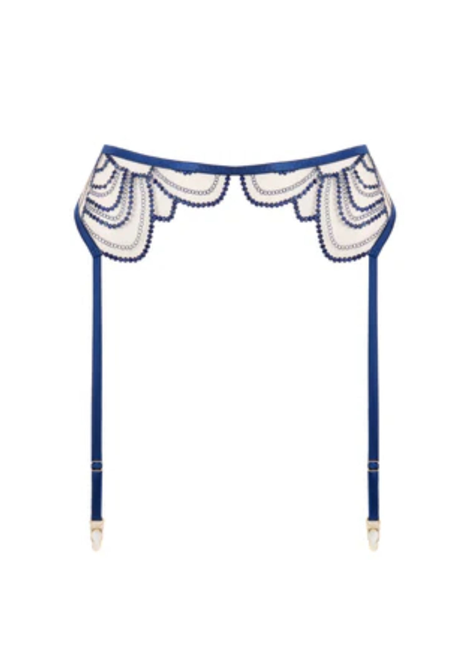 Bluebella Soraya Embroidery Suspender Belt Lingerie in Navy Blue and Nude Mesh