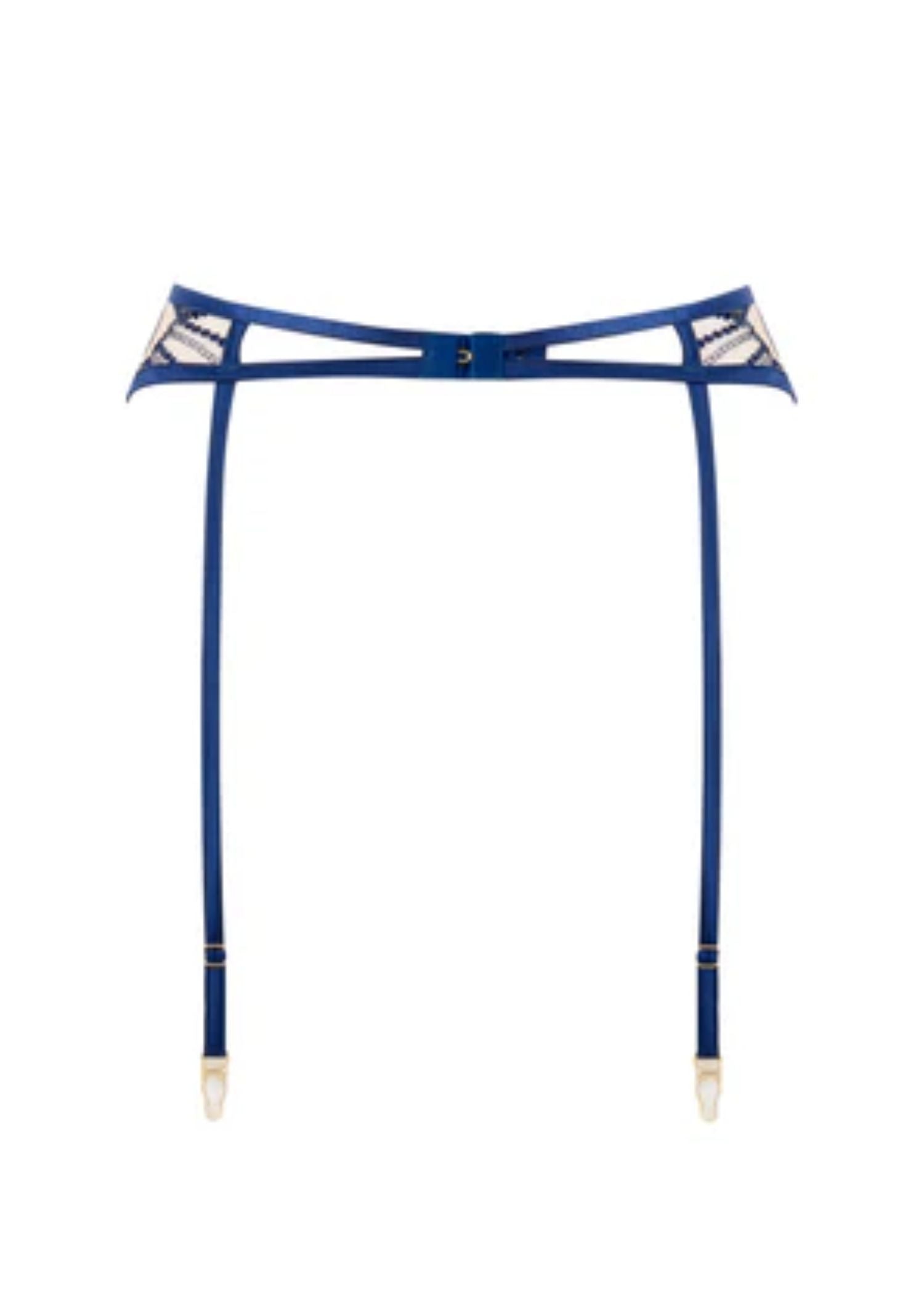 Bluebella Soraya Embroidery Suspender Belt Lingerie in Navy Blue and Nude Mesh