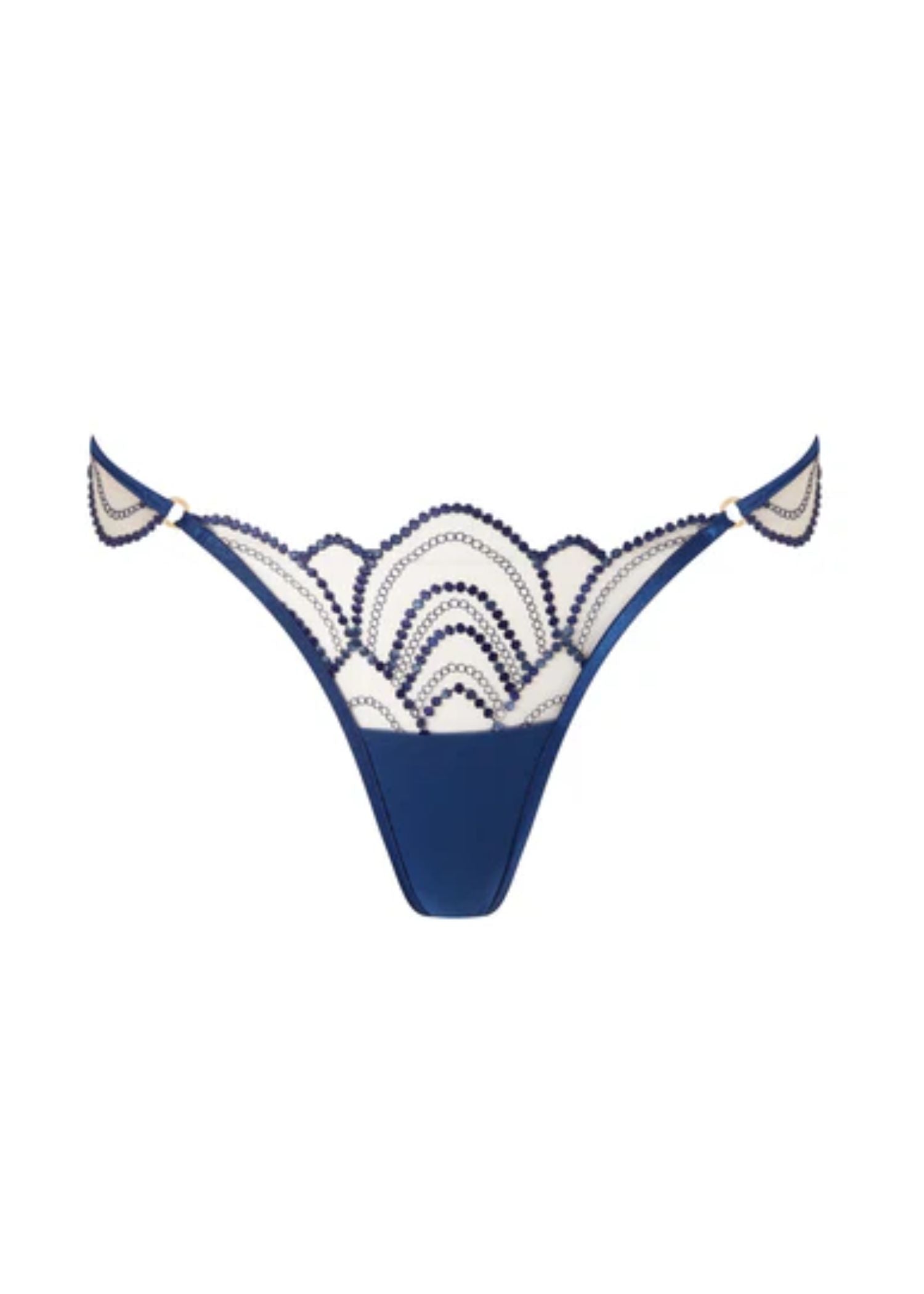 Bluebella Soraya Embroidery Thong in Navy Blue and Nude Mesh