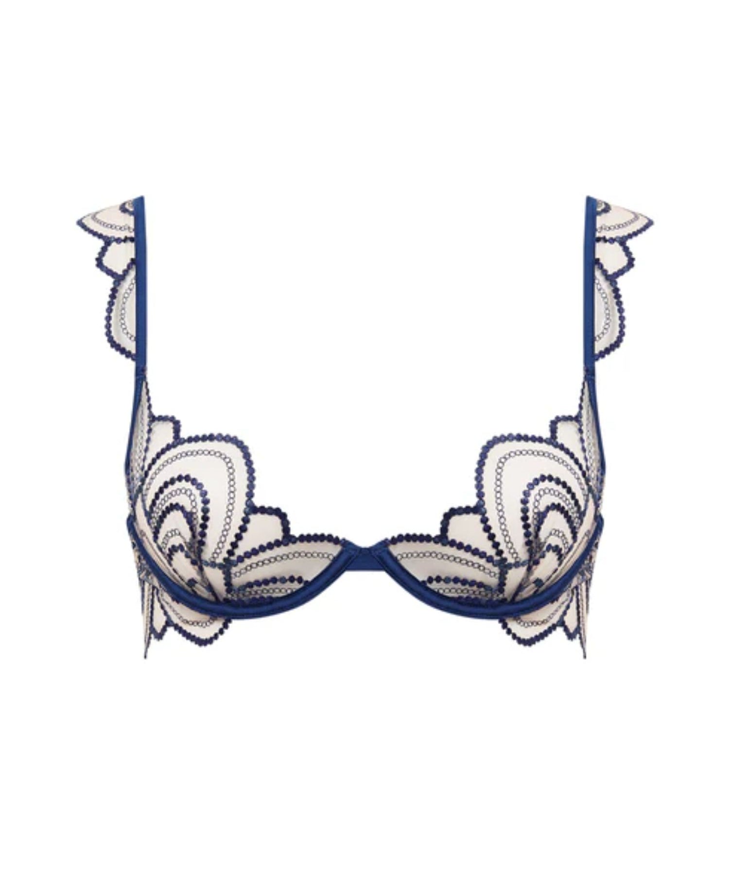 Bluebella Soraya Underwired Embroidery Bra in Navy Blue and Nude Mesh