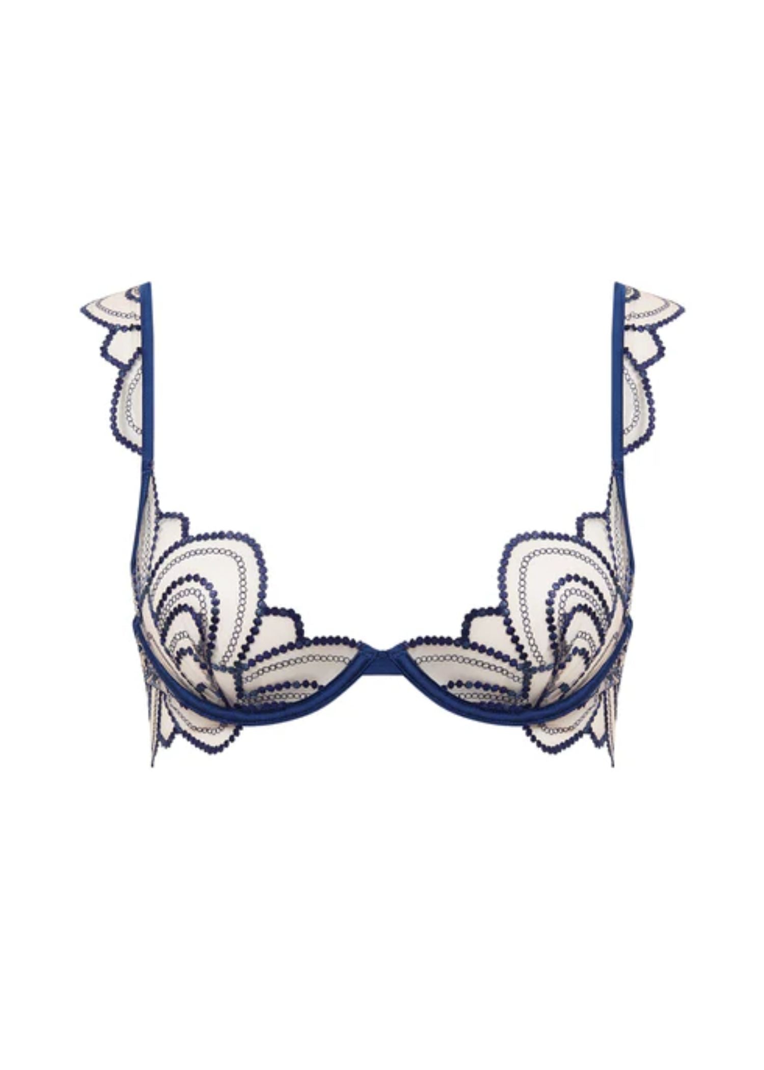 Bluebella Soraya Underwired Embroidery Bra in Navy Blue and Nude Mesh
