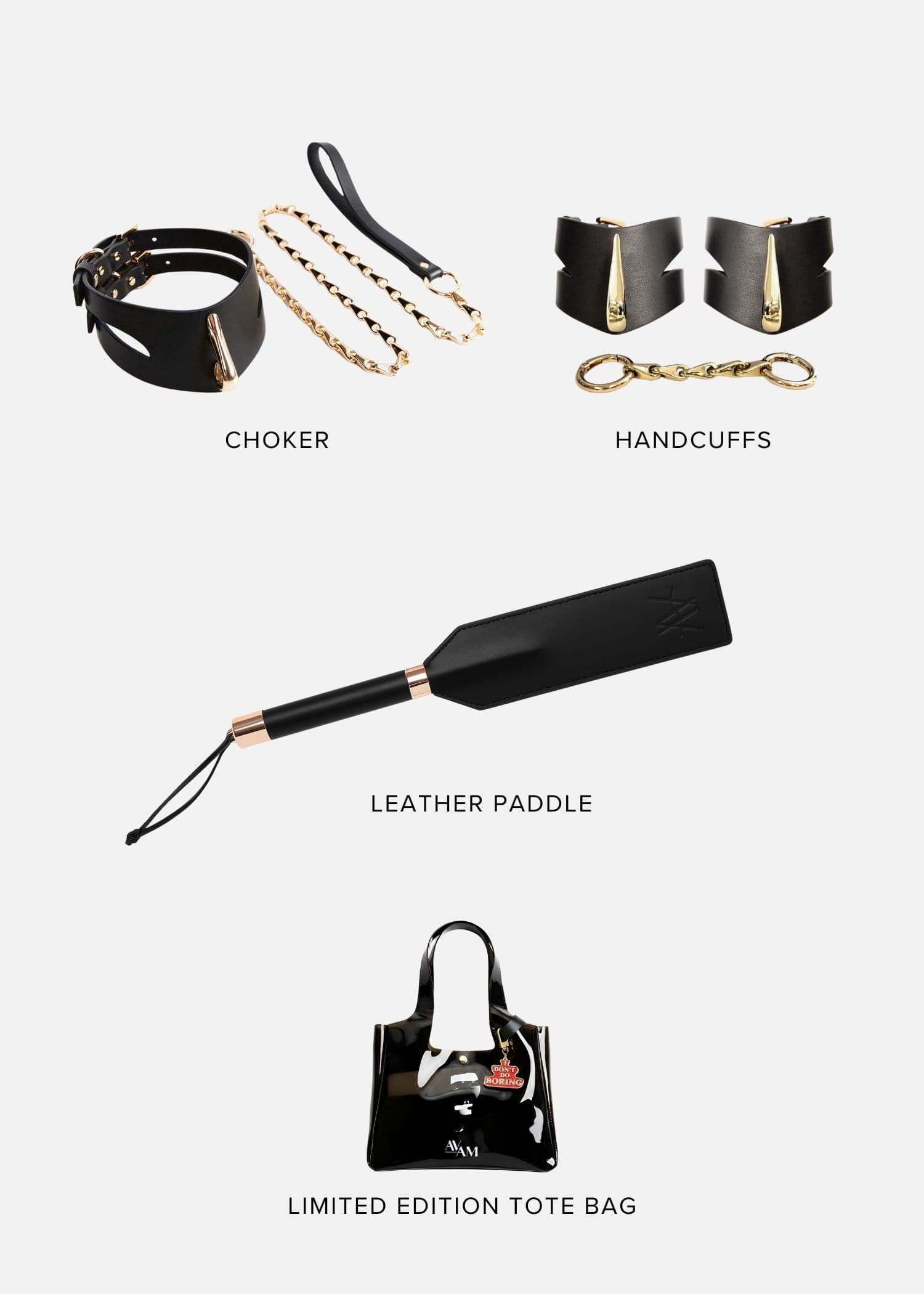 DOMINATE ME Bondage Gift Set (Large) | AVAM Molten Handcuff, AVAM Molten Choker, AVAM Leather Paddle