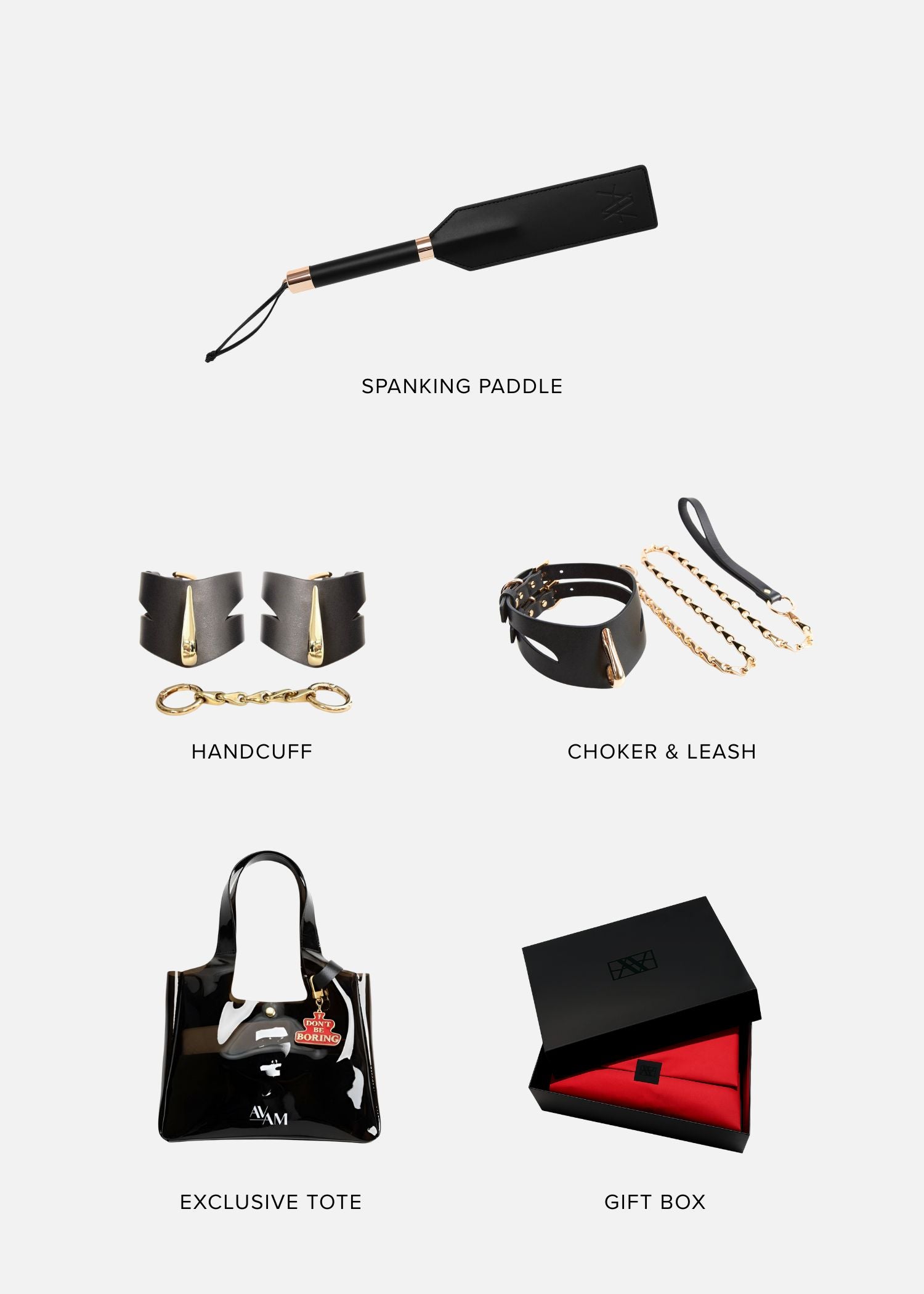 DOMINATE ME Bondage Gift Set (Large) | AVAM Molten Handcuff, AVAM Molten Choker, AVAM Leather Paddle