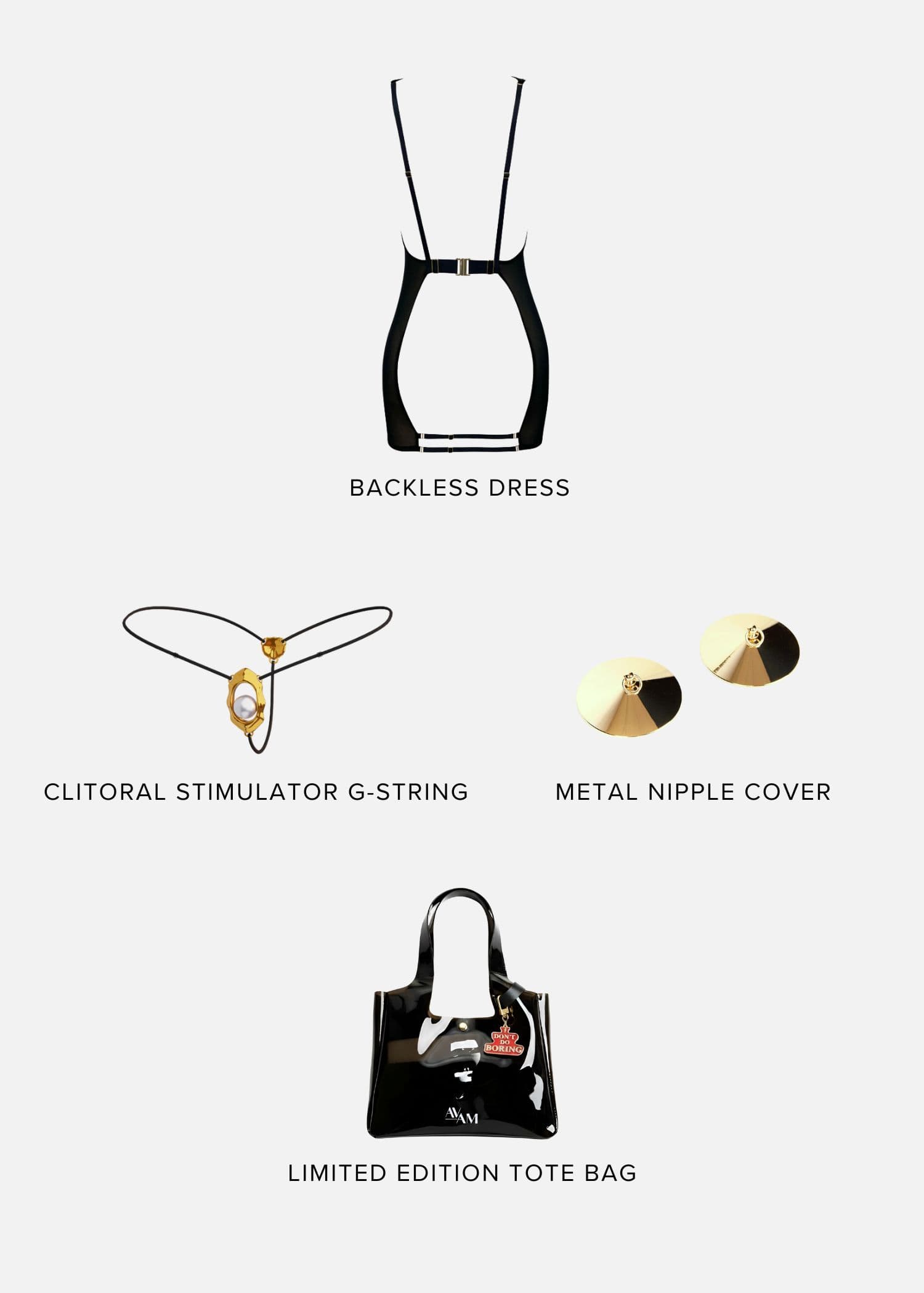 INDULGE ME Lingerie Gift Set (Large) | AVAM Backless Dress, UPKO Moist Eyes Clitoral G-String, Metal Nipple Cover