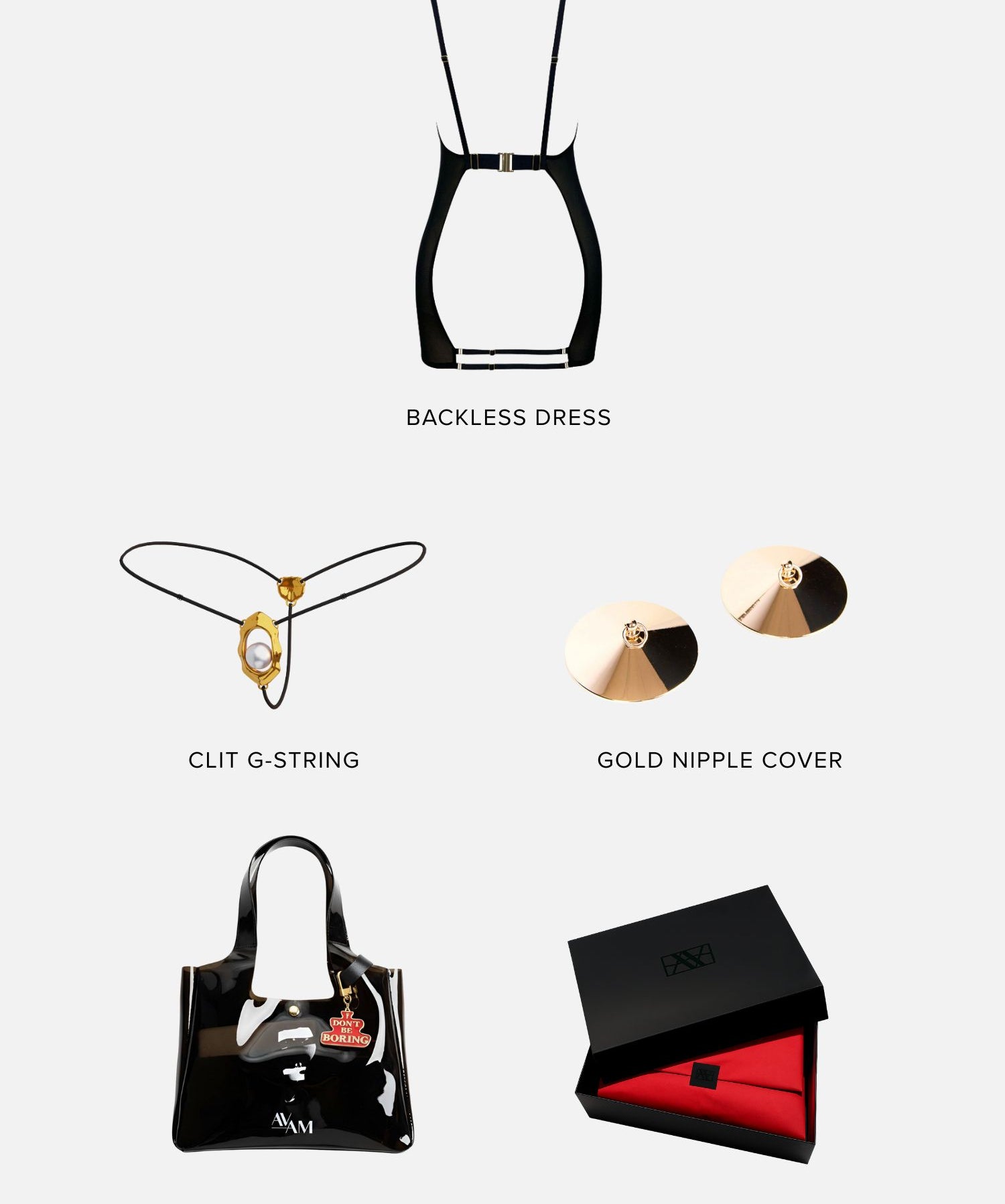 INDULGE ME Lingerie Gift Set (Large) | AVAM Backless Dress, UPKO Moist Eyes Clitoral G-String, Metal Nipple Cover