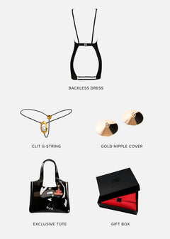 INDULGE ME Lingerie Gift Set (Large) | AVAM Backless Dress, UPKO Moist Eyes Clitoral G-String, Metal Nipple Cover
