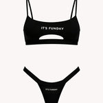 It's Funday Unbasic Crop Bra and Thong with Detachable Thong in Black — ultra-soft stretch fabric — flat lay