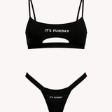 It's Funday Unbasic Crop Bra and Thong with Detachable Thong in Black — ultra-soft stretch fabric — flat lay