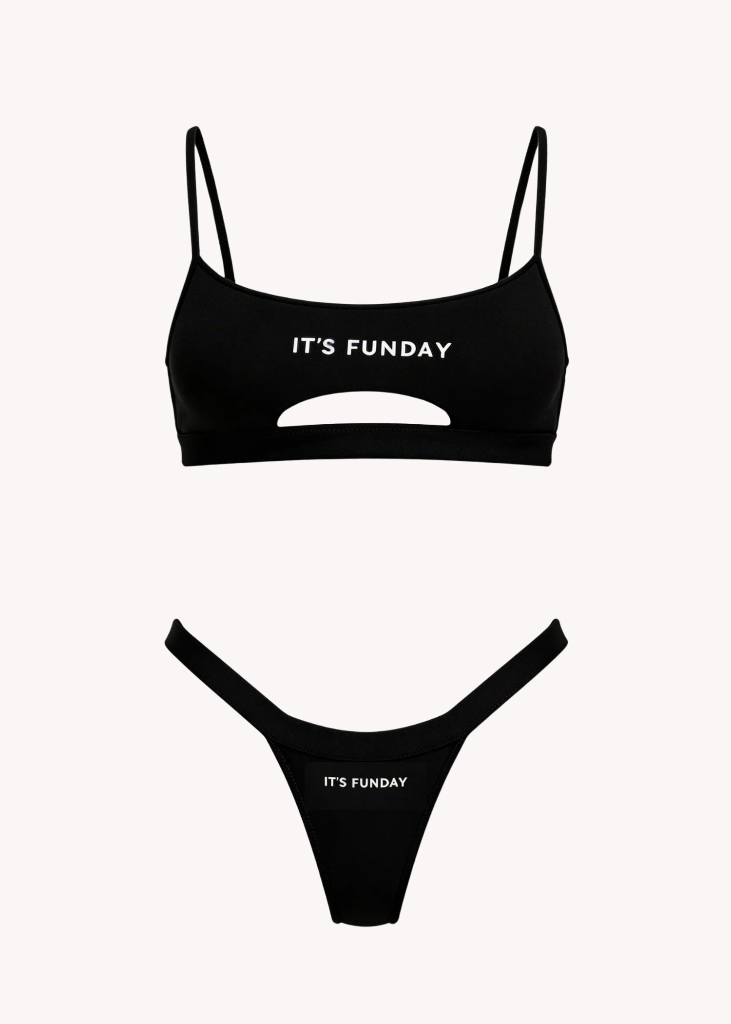 It's Funday Unbasic Crop Bra and Thong with Detachable Thong in Black — ultra-soft stretch fabric — flat lay