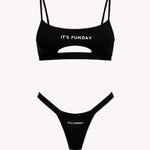 It's Funday Unbasic Crop Bra and Thong with Detachable Thong in Black — ultra-soft stretch fabric — flat lay