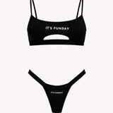 It's Funday Unbasic Crop Bra and Thong with Detachable Thong in Black — ultra-soft stretch fabric — flat lay