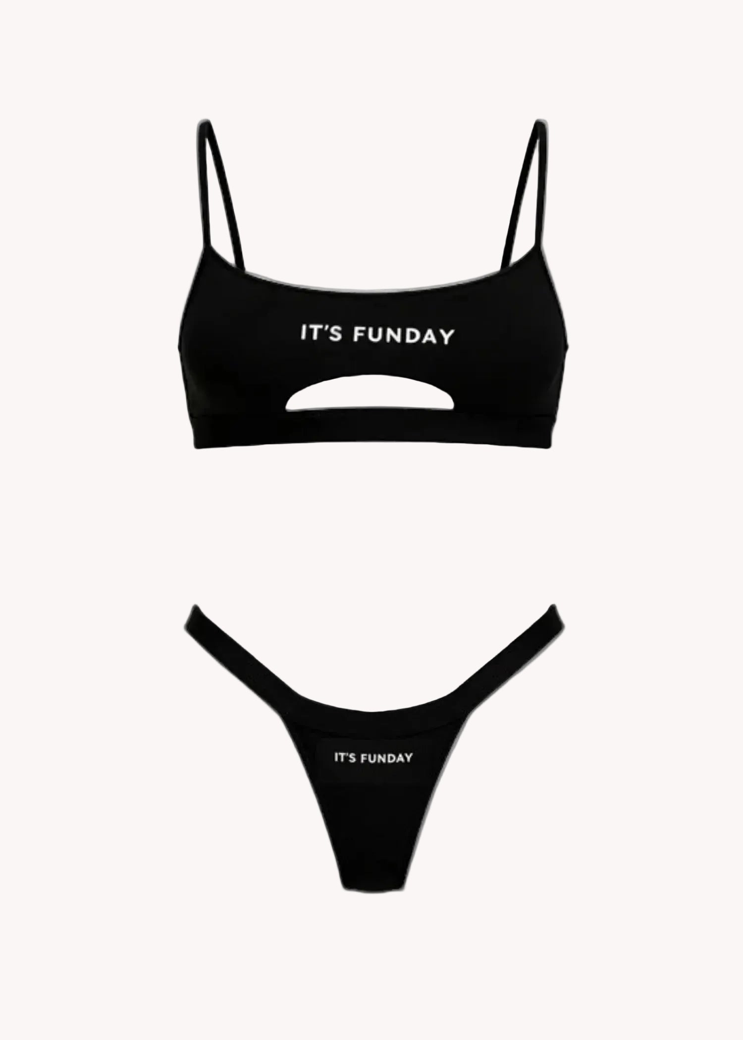 It's Funday Unbasic Crop Bra and Thong with Detachable Thong in Black — ultra-soft stretch fabric — flat lay