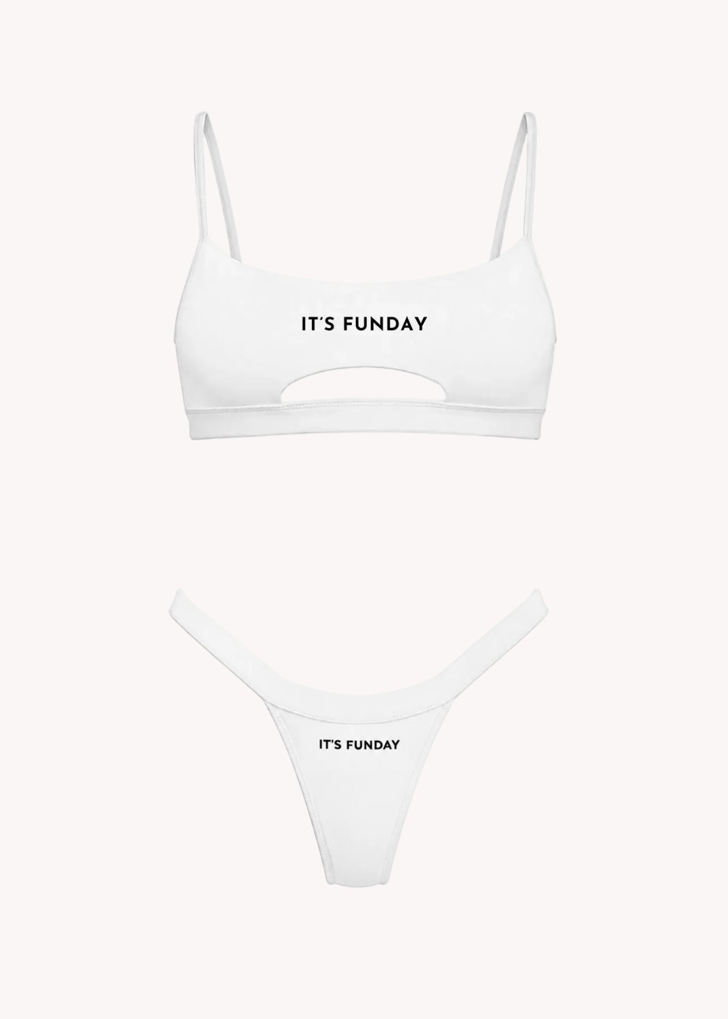 It's Funday Unbasic Crop Bra and Thong with Detachable Thong in White — ultra-soft stretch fabric — flat lay