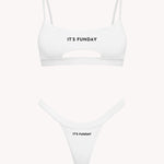 It's Funday Unbasic Crop Bra and Thong with Detachable Thong in White — ultra-soft stretch fabric — flat lay