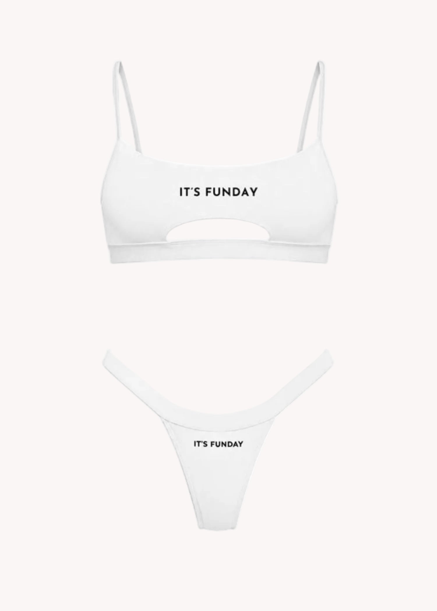 It's Funday Unbasic Crop Bra and Thong with Detachable Thong in White — ultra-soft stretch fabric — flat lay
